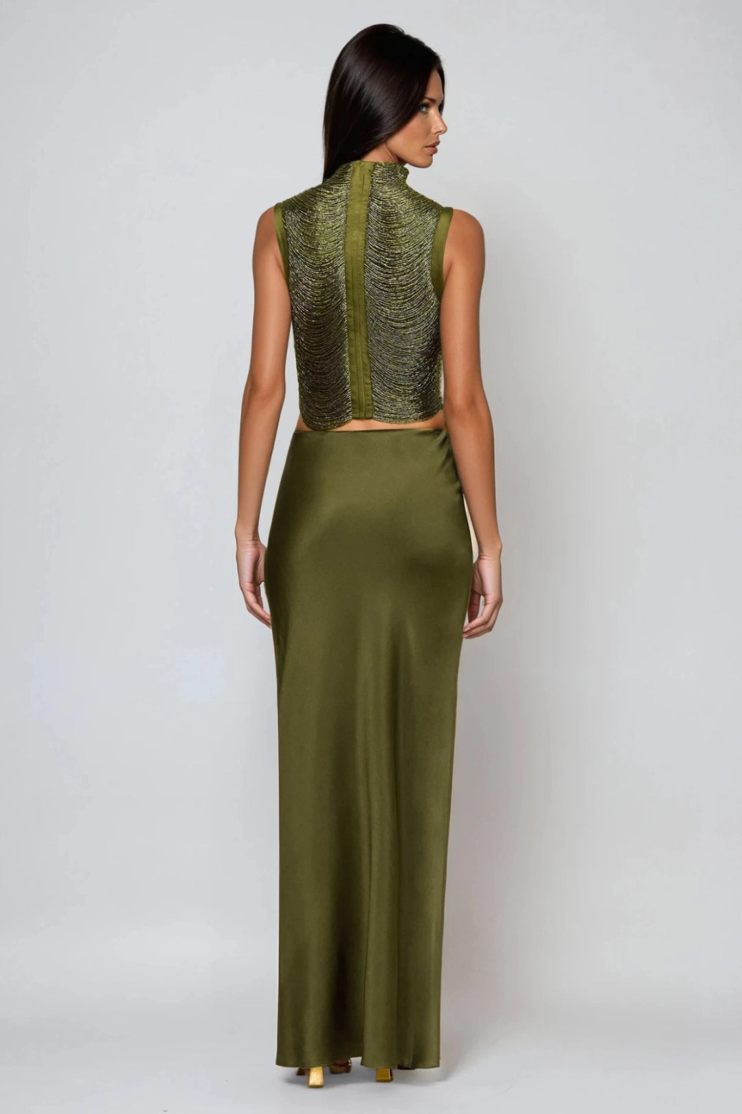 Satin Maxi Skirt and Draped High Neck Top Two-Piece Set