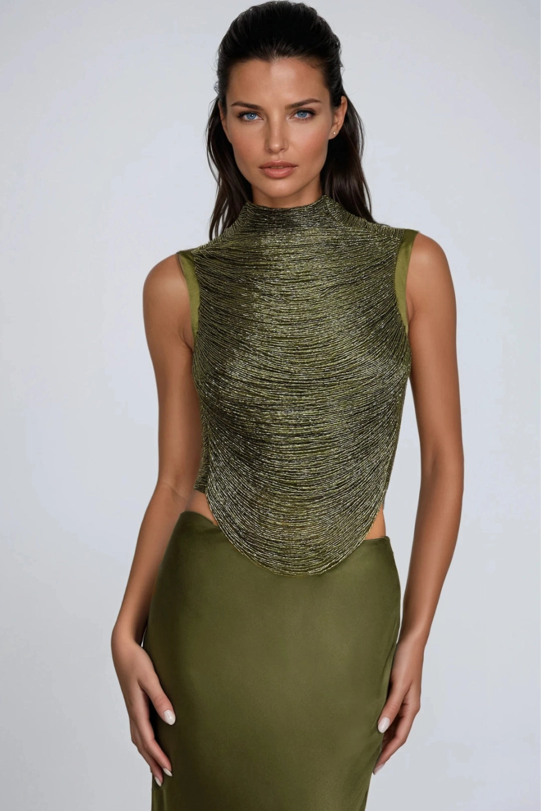 Satin Maxi Skirt and Draped High Neck Top Two-Piece Set
