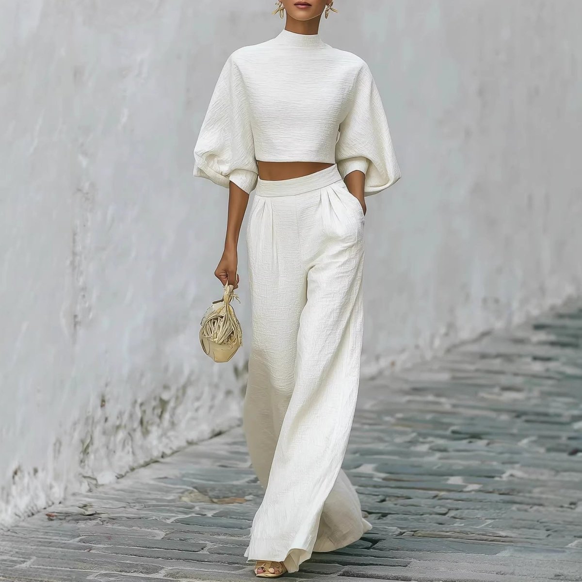 Neve | White Textured Crop Top Wide-Leg Set Women