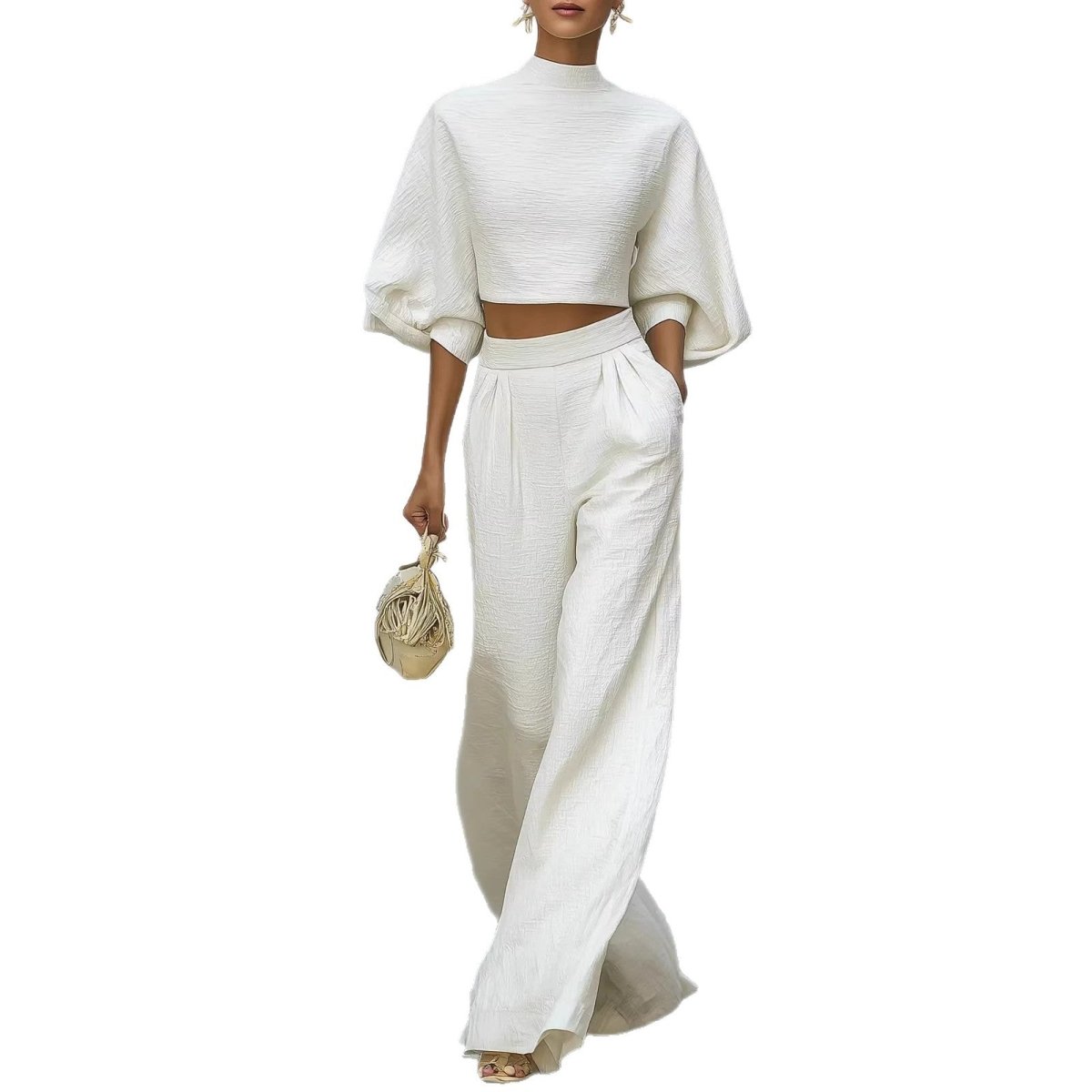 Neve | White Textured Crop Top Wide-Leg Set Women