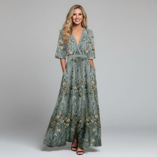 V-Neck Embroidered Floral Maxi Dress — Summer Wedding Guest Holiday Style