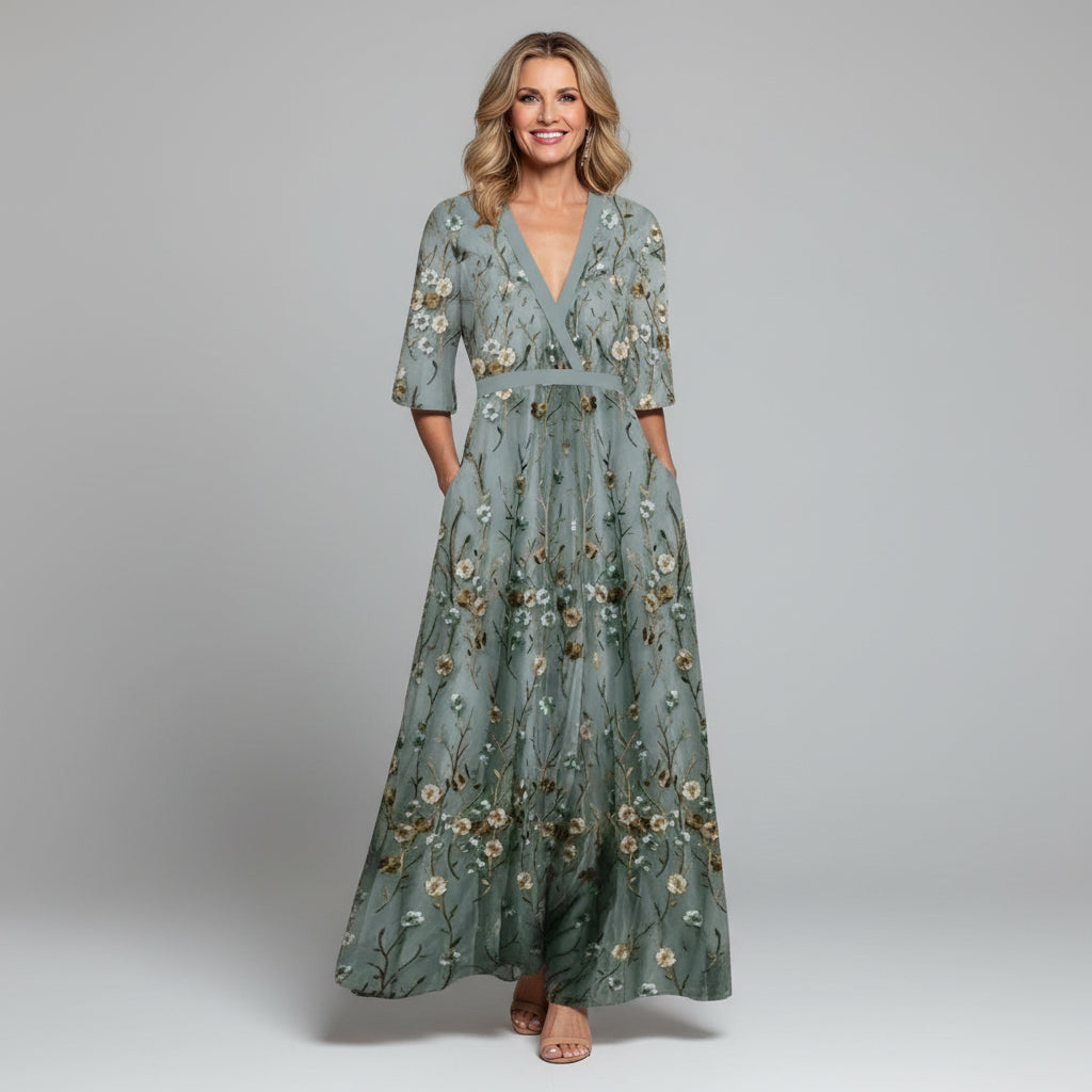 V-Neck Embroidered Floral Maxi Dress — Summer Wedding Guest Holiday Style