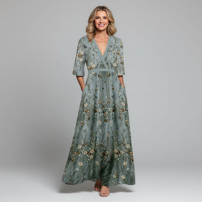 V-Neck Embroidered Floral Maxi Dress — Summer Wedding Guest Holiday Style
