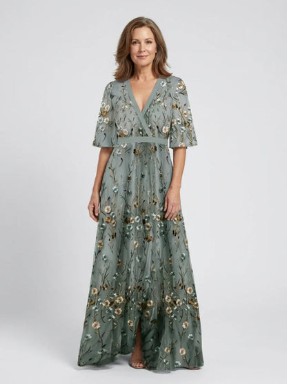 V-Neck Embroidered Floral Maxi Dress — Summer Wedding Guest Holiday Style