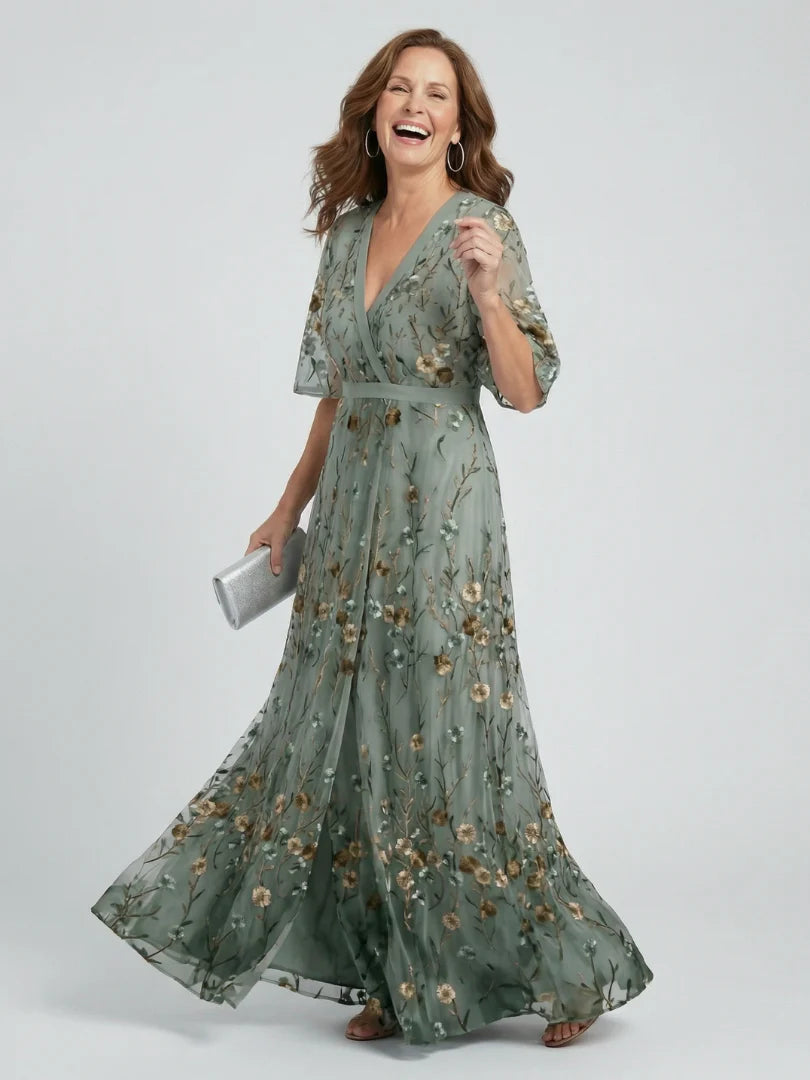 V-Neck Embroidered Floral Maxi Dress — Summer Wedding Guest Holiday Style