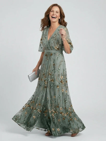 V-Neck Embroidered Floral Maxi Dress — Summer Wedding Guest Holiday Style