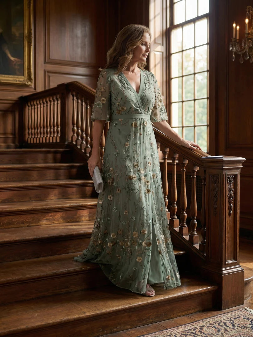 V-Neck Embroidered Floral Maxi Dress — Summer Wedding Guest Holiday Style