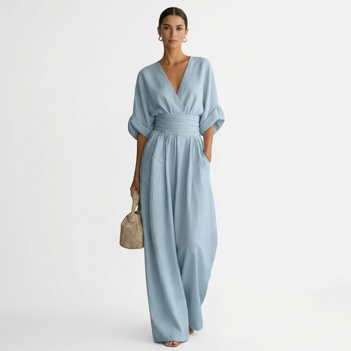 Sage | Women's Belted V-Neck Long Linen Jumpsuit for Spring