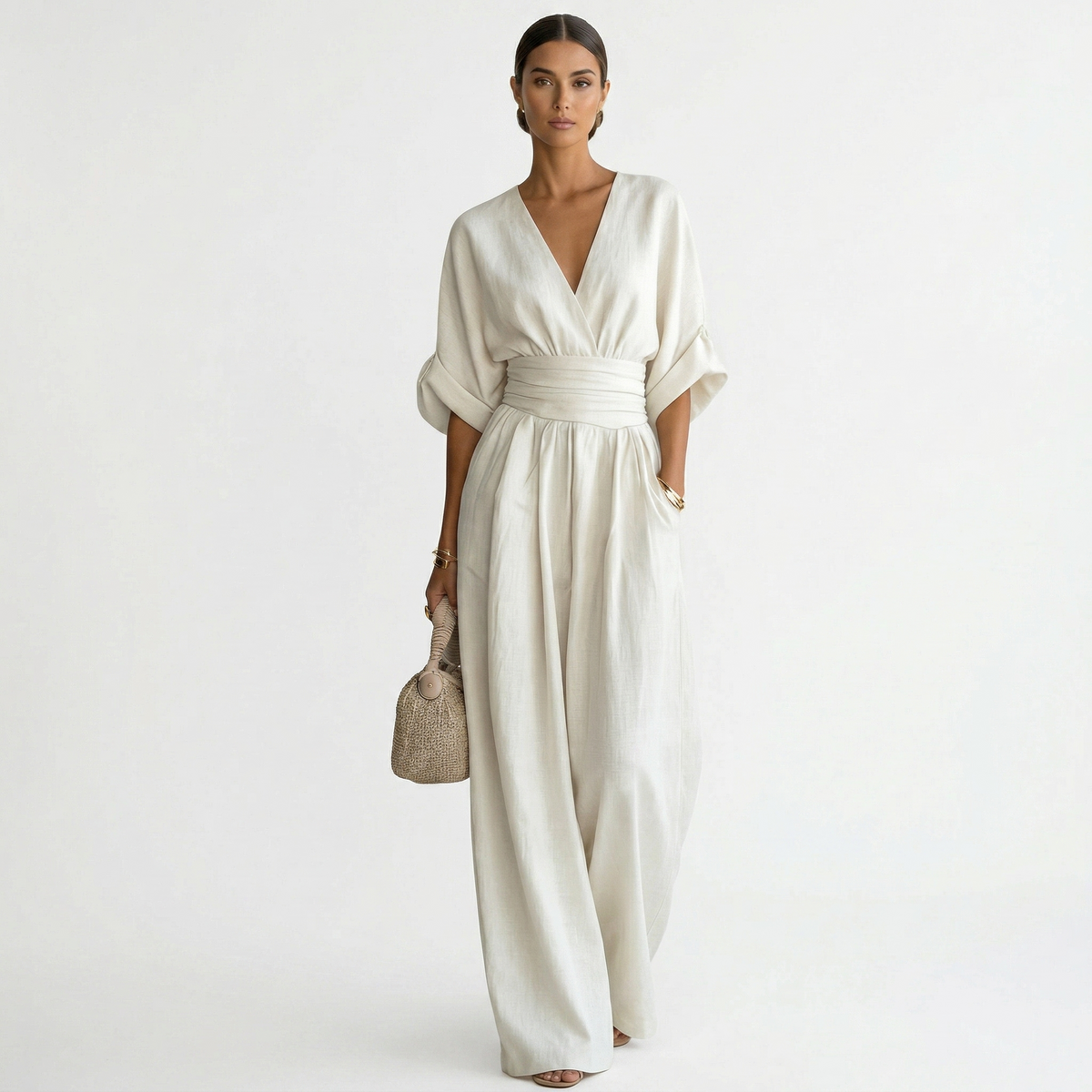 Sage | Women's Belted V-Neck Long Linen Jumpsuit for Spring