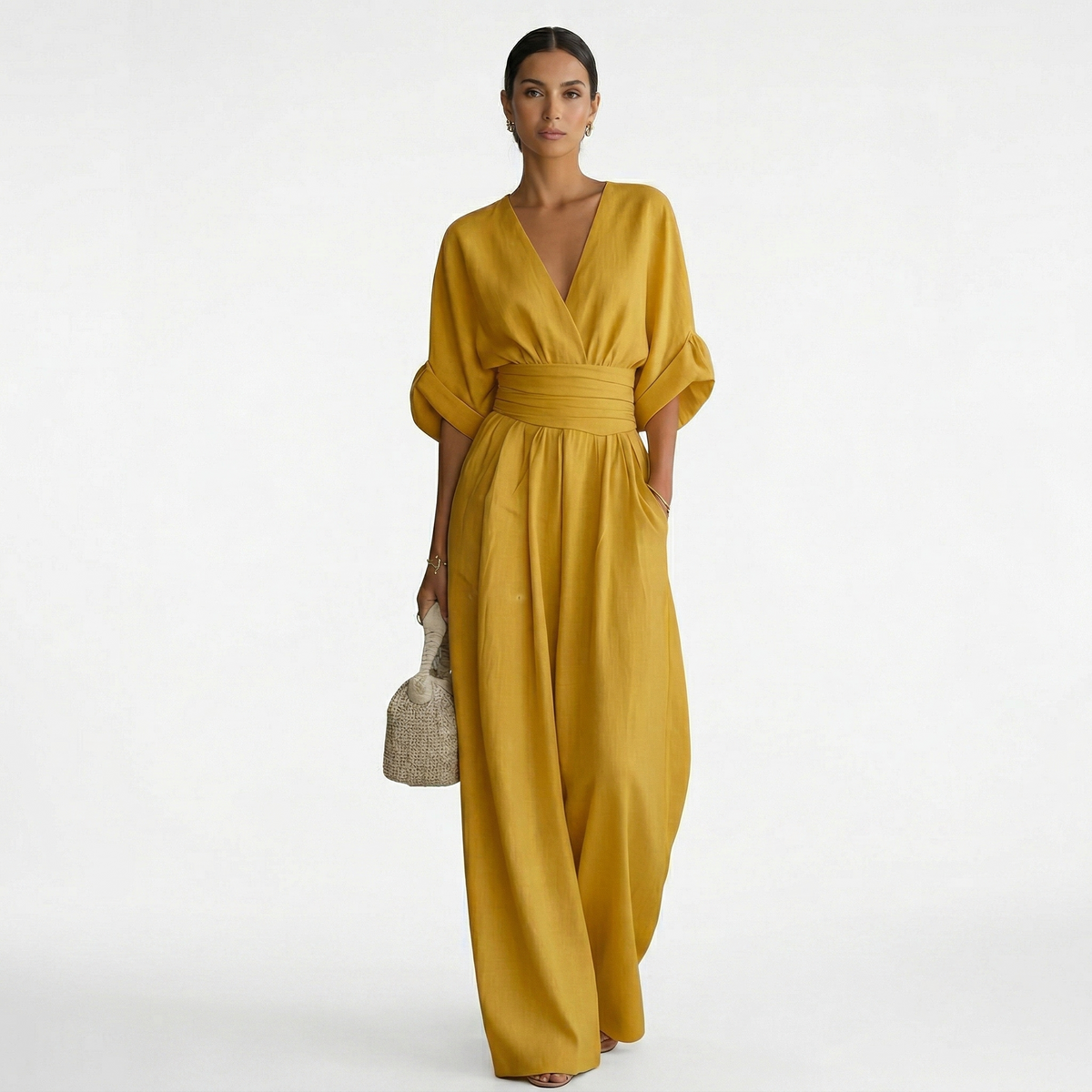 Sage | Women's Belted V-Neck Long Linen Jumpsuit for Spring