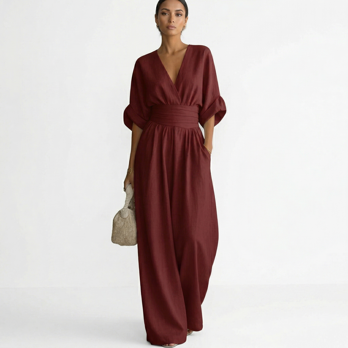 Sage | Women's Belted V-Neck Long Linen Jumpsuit for Spring