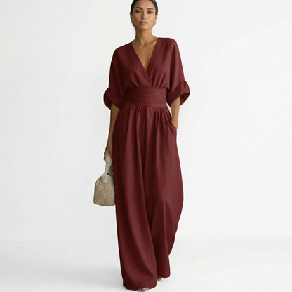 Sage | Women's Belted V-Neck Long Linen Jumpsuit for Spring