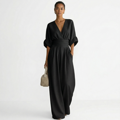 Sage | Women's Belted V-Neck Long Linen Jumpsuit for Spring