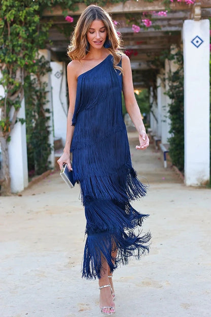 Lena | Women's One-Shoulder Fringe Knit Maxi Dress
