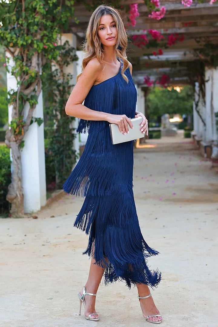 Lena | Women's One-Shoulder Fringe Knit Maxi Dress