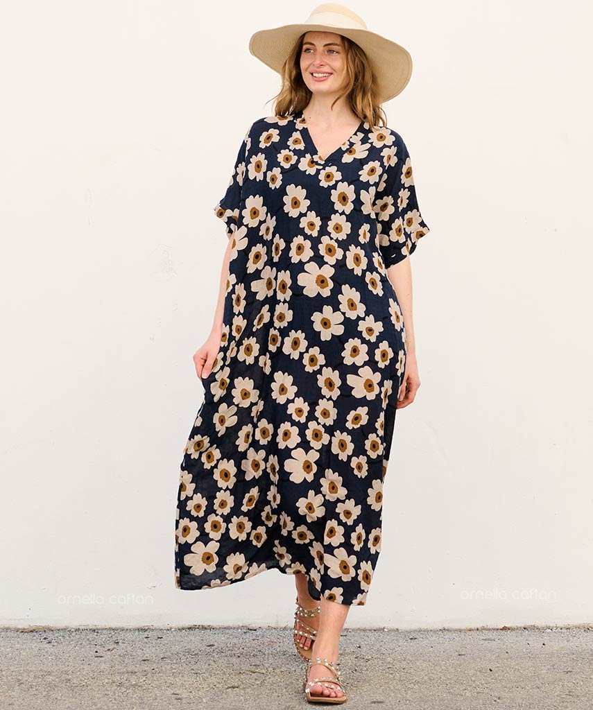 Amara | V-Neck Daisy Print Flowing Caftan Maxi Dress