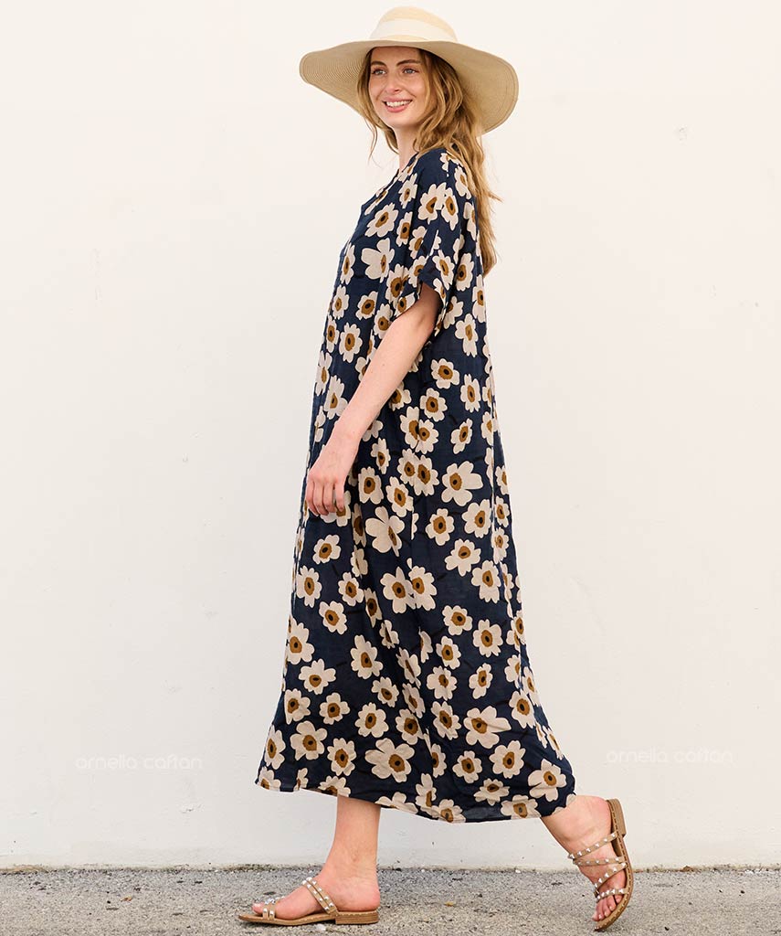Amara | V-Neck Daisy Print Flowing Caftan Maxi Dress