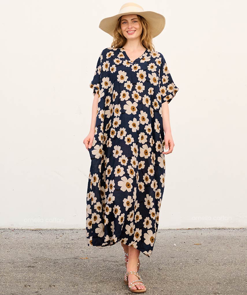 Amara | V-Neck Daisy Print Flowing Caftan Maxi Dress