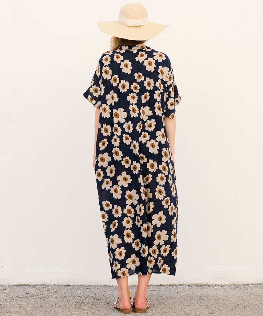 Amara | V-Neck Daisy Print Flowing Caftan Maxi Dress