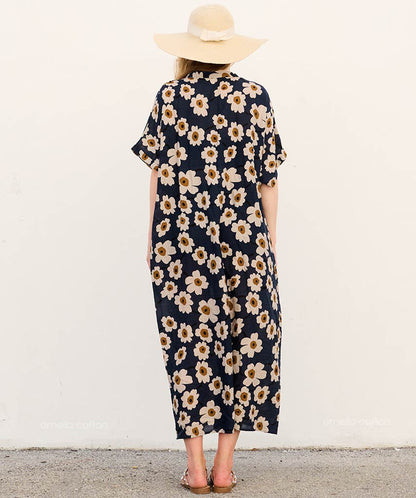 Amara | V-Neck Daisy Print Flowing Caftan Maxi Dress