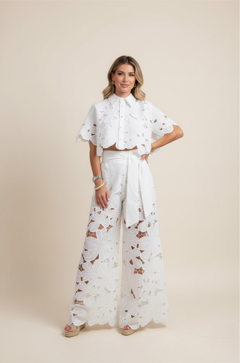 Wide-Leg Trousers and Floral Lace Cut-Out Cropped Shirt Set