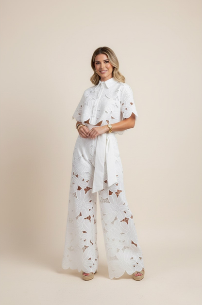 Wide-Leg Trousers and Floral Lace Cut-Out Cropped Shirt Set