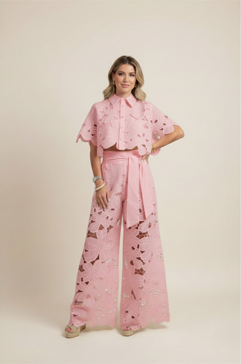 Wide-Leg Trousers and Floral Lace Cut-Out Cropped Shirt Set