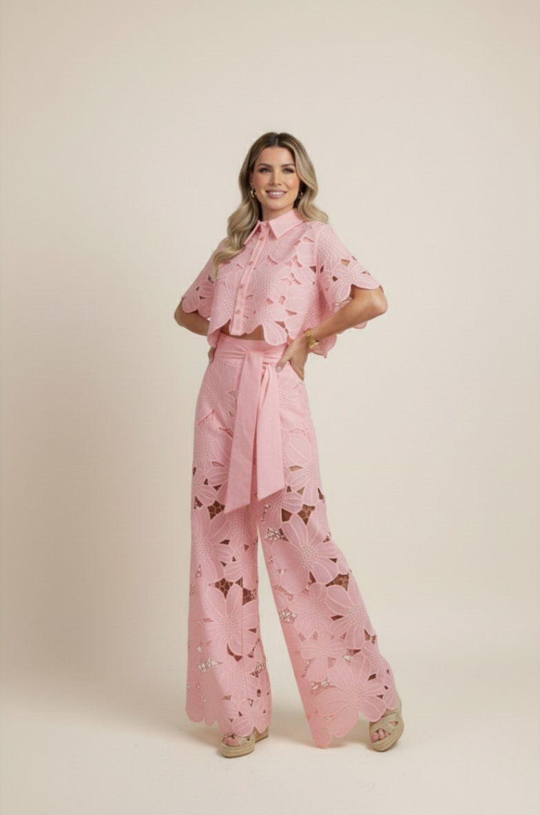 Wide-Leg Trousers and Floral Lace Cut-Out Cropped Shirt Set