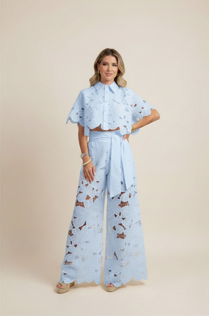Wide-Leg Trousers and Floral Lace Cut-Out Cropped Shirt Set
