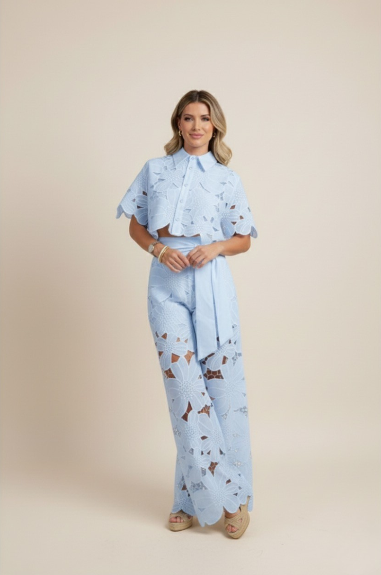 Wide-Leg Trousers and Floral Lace Cut-Out Cropped Shirt Set
