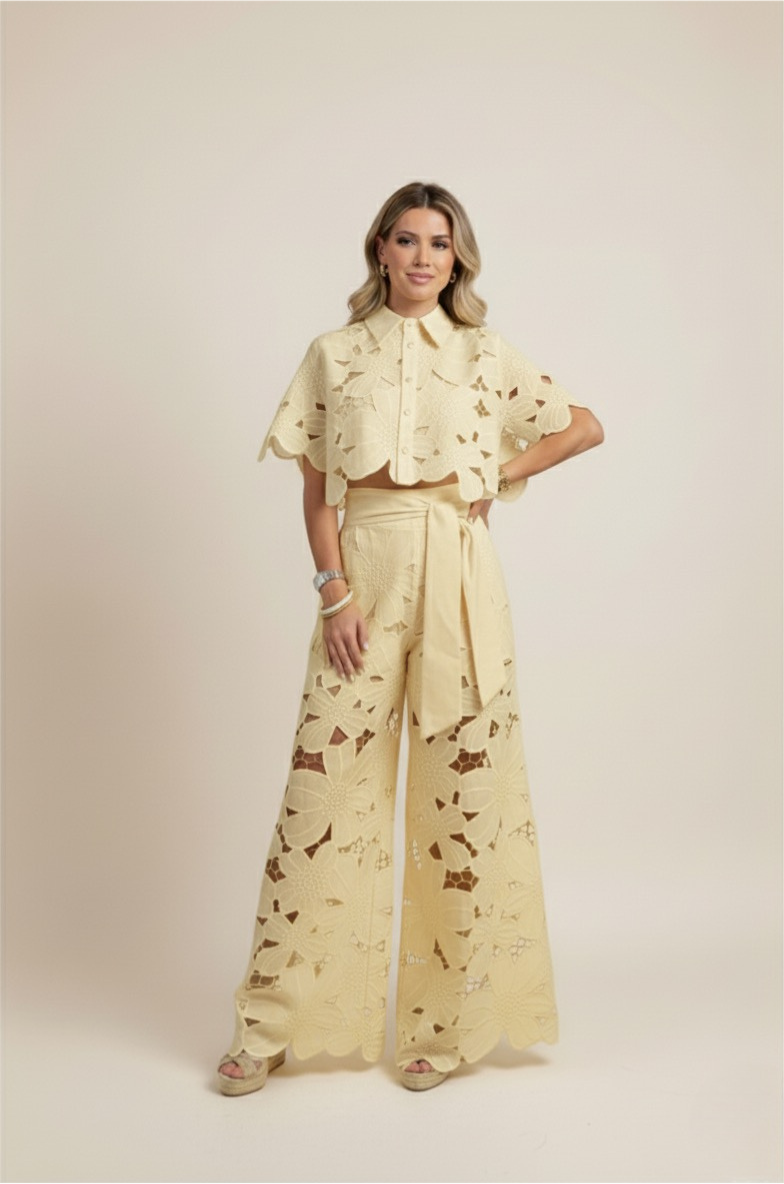 Wide-Leg Trousers and Floral Lace Cut-Out Cropped Shirt Set
