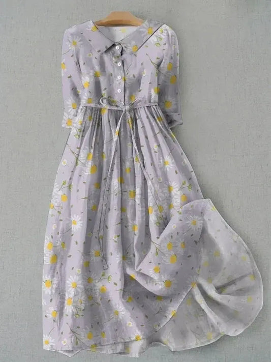 Fiona | Belted Daisy Print Relaxed Midi Dress