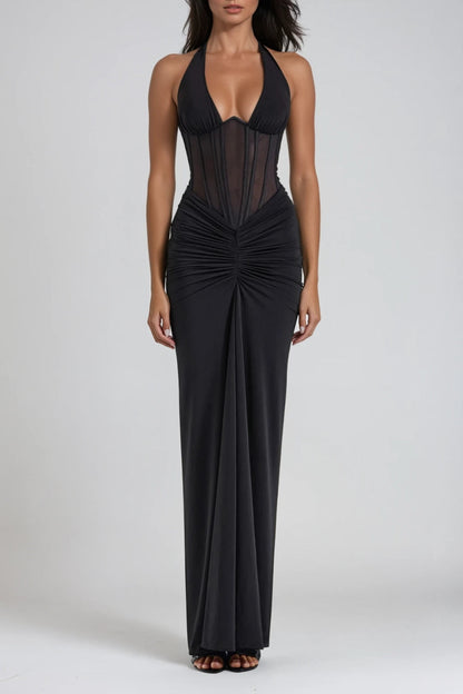 Ruched Corset Bodice Halter Neck Maxi Dress