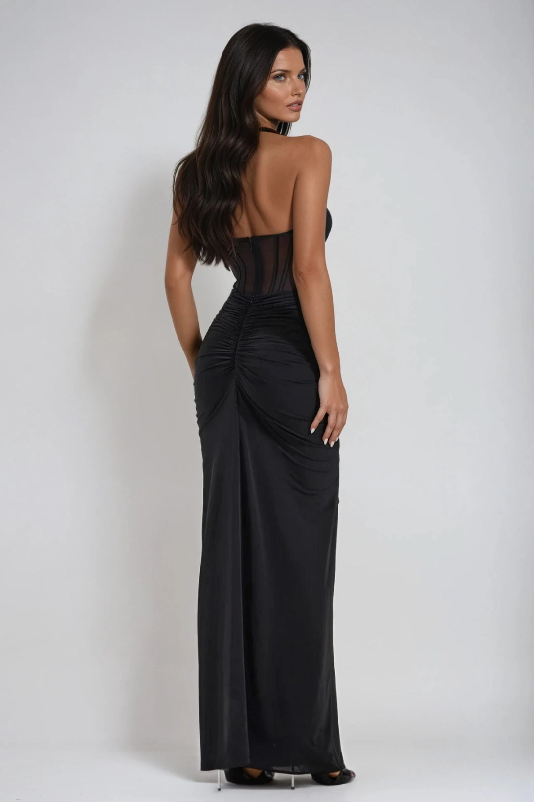 Ruched Corset Bodice Halter Neck Maxi Dress