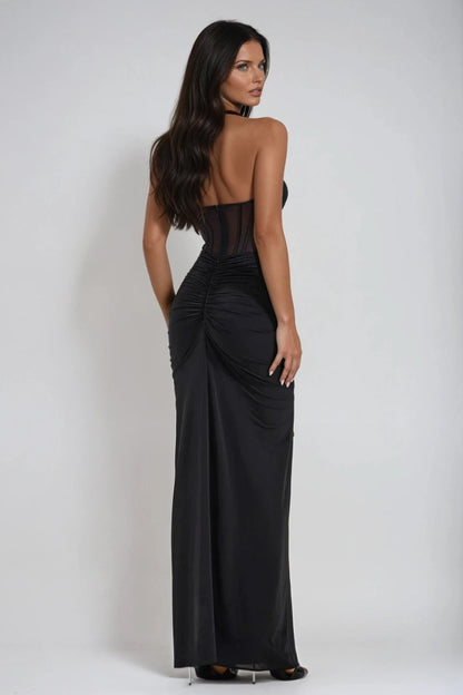 Ruched Corset Bodice Halter Neck Maxi Dress