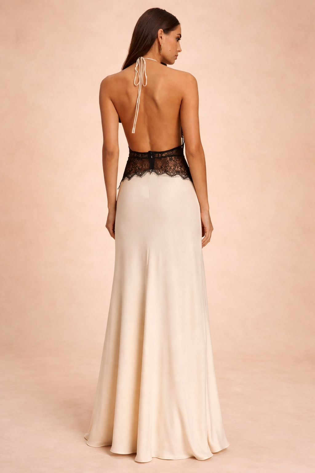 Lace Waist Panel Satin Maxi Dress with Halter Neck
