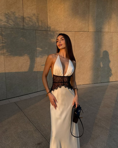 Lace Waist Panel Satin Maxi Dress with Halter Neck