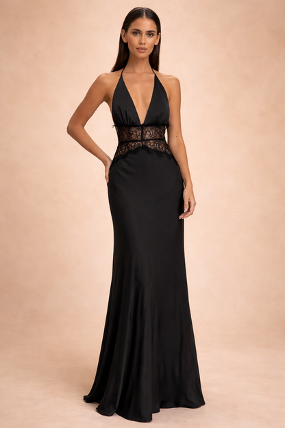 Lace Waist Panel Satin Maxi Dress with Halter Neck