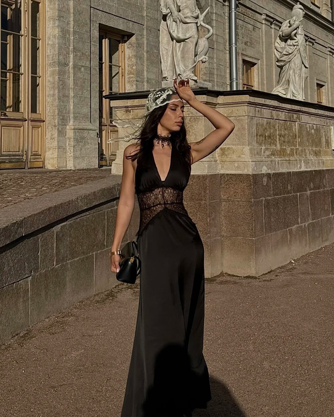 Lace Waist Panel Satin Maxi Dress with Halter Neck