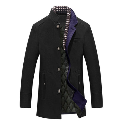 Alan | Men's Mandarin Collar Button Front Mid-Length Overcoat