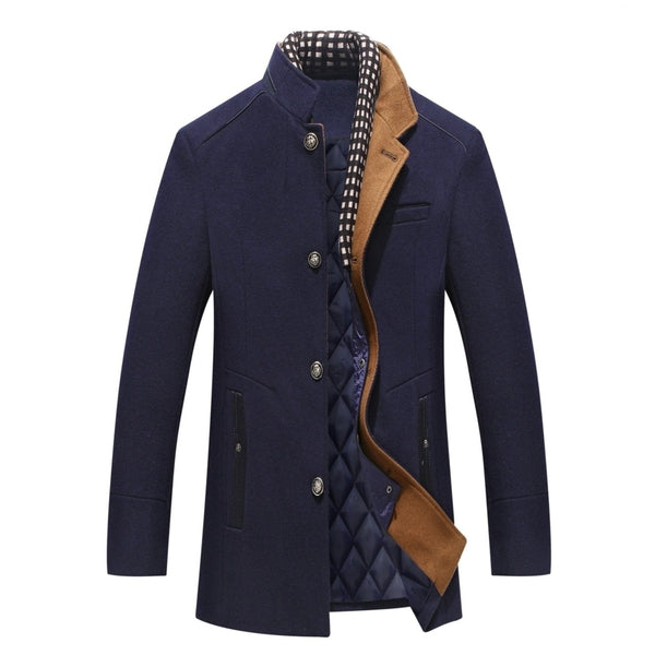 Alan | Men's Mandarin Collar Button Front Mid-Length Overcoat