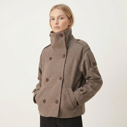 Camilla | Wool Blend Stand Collar Coat with Layered Vest