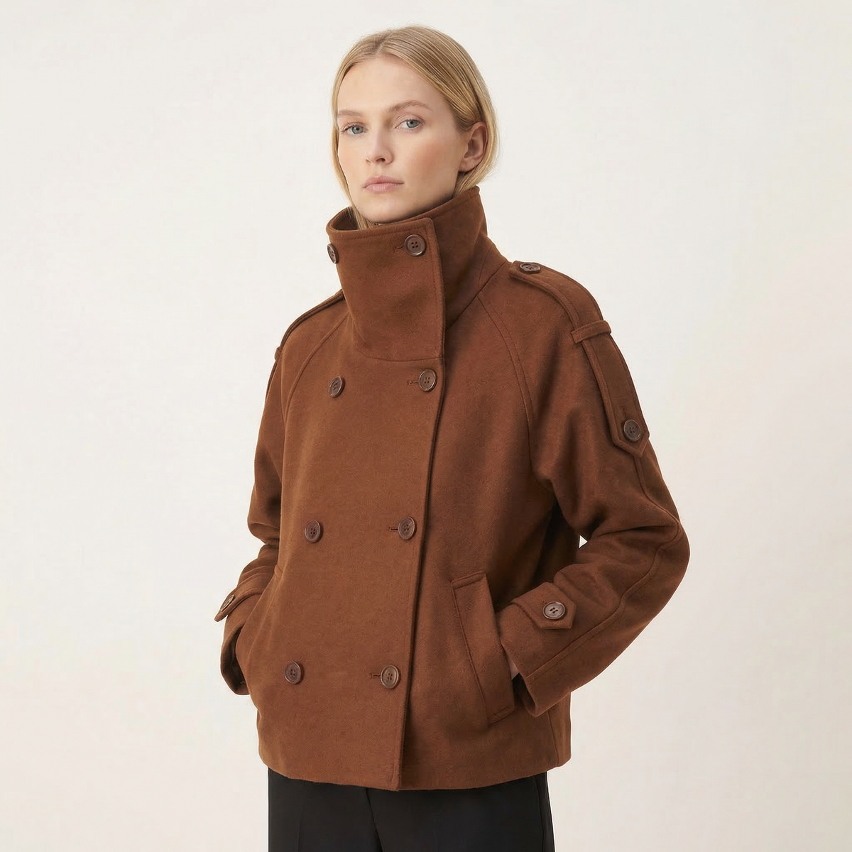 Camilla | Wool Blend Stand Collar Coat with Layered Vest