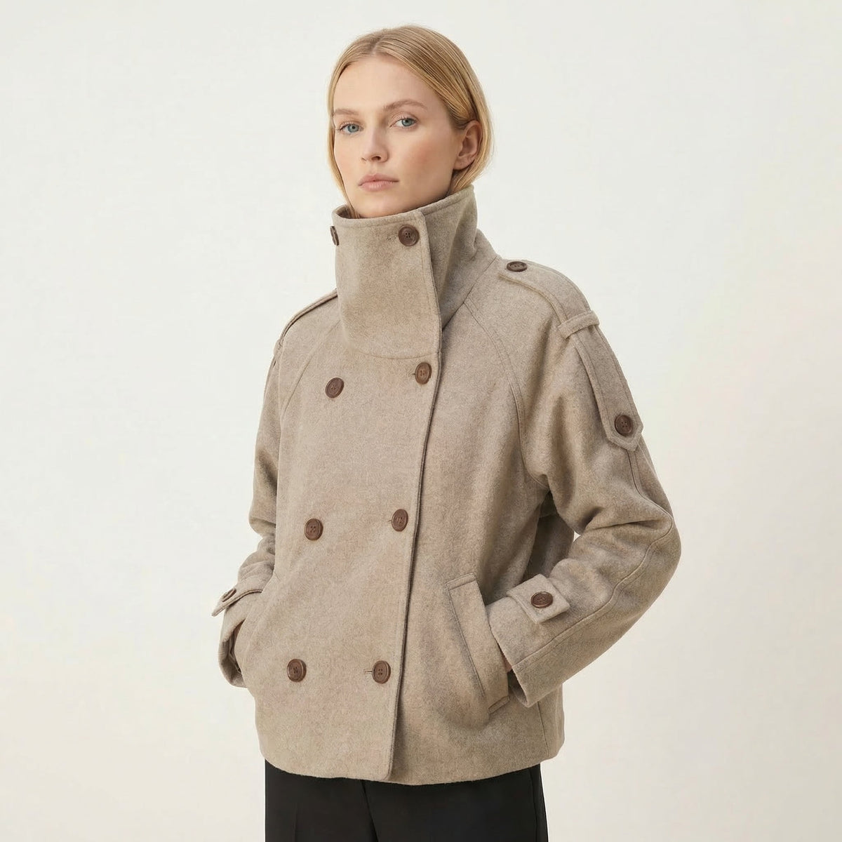 Camilla | Wool Blend Stand Collar Coat with Layered Vest
