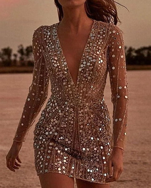 Glamorous Sequin V-Neck Sheer Sleeve Dress