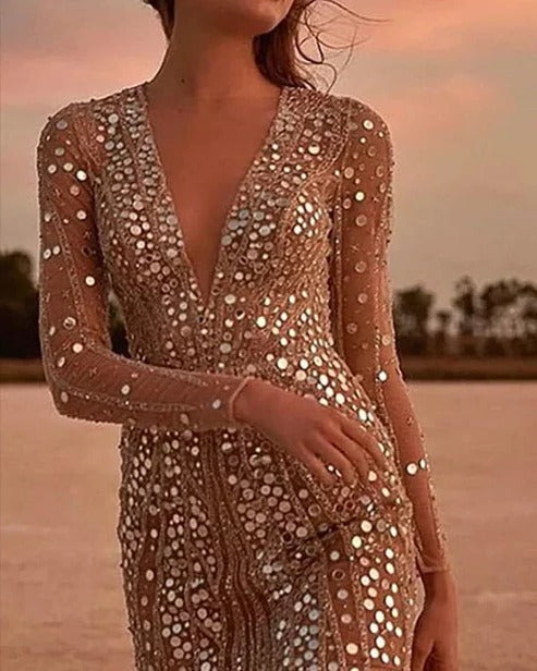 Glamorous Sequin V-Neck Sheer Sleeve Dress