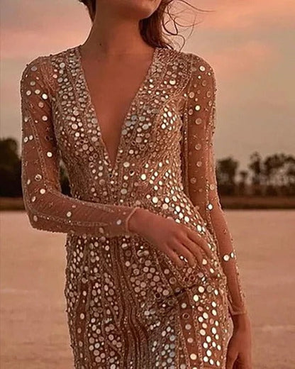 Glamorous Sequin V-Neck Sheer Sleeve Dress