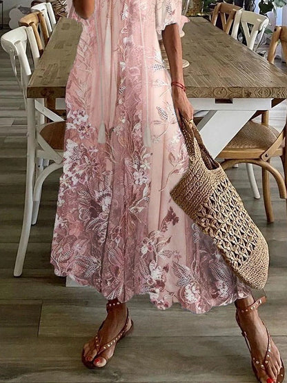 Lace Floral V-Neck Loose Casual Maxi Dress