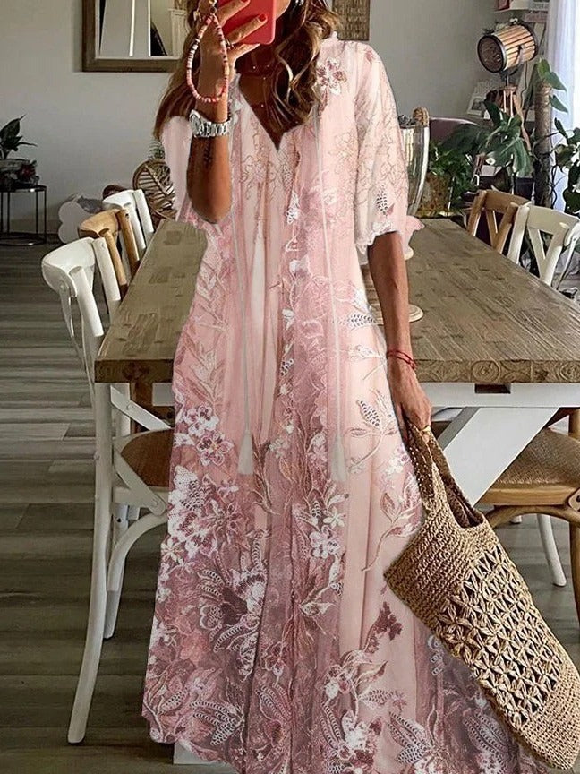 Lace Floral V-Neck Loose Casual Maxi Dress