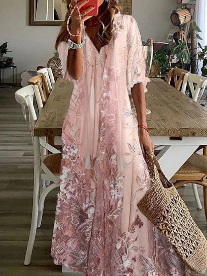 Lace Floral V-Neck Loose Casual Maxi Dress
